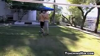 Hunk gets his rock hard cock sucked on outdoors - porn video