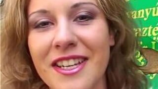 Public blowjob from blonde in red dress - porn video